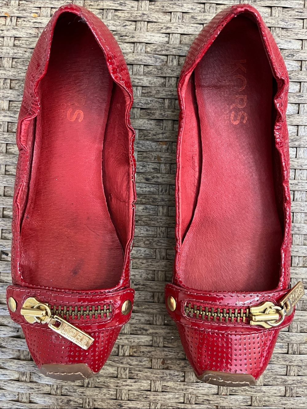 Michael Kors Red Patent Perforated Ballet Flats with Gold Zip Detail